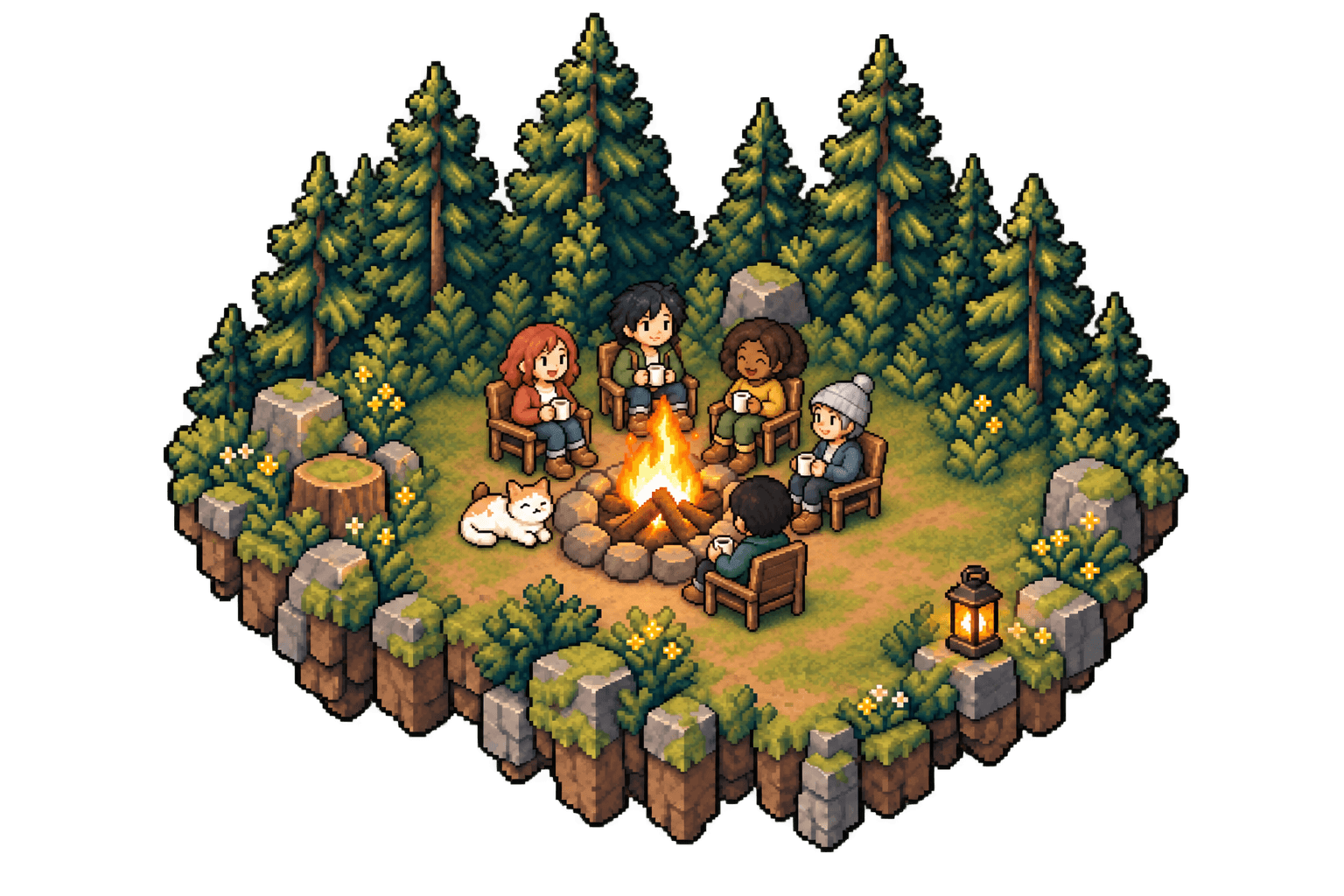 Five friends and a cat gathered around a glowing campfire in a pine forest